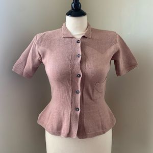 Marion Foale Dusty Pink Mauve Short Sleeve Button Peplum Cotton Sweater